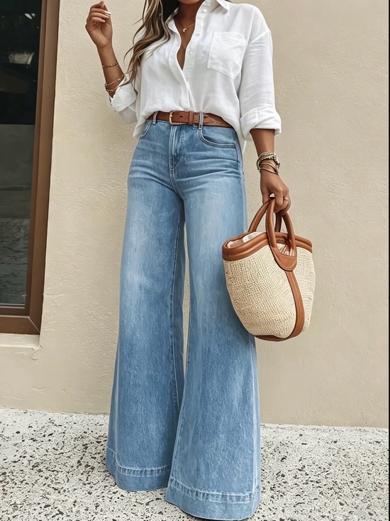 Denim - Women's Classic Washed Blue High-Waisted Wide-Leg Jeans,